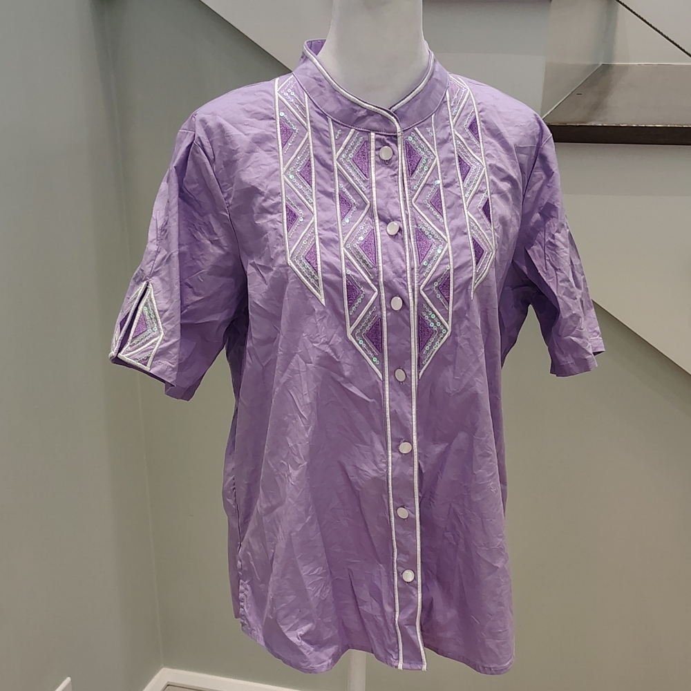 Bob Mackie Wearable Art Purple Short Sleeve Button-Up Cotton Shirt With Sequins